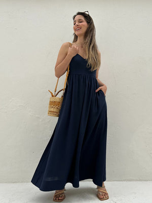 Vestido Evasê Com Alças e Decote em Coração Azul Manga