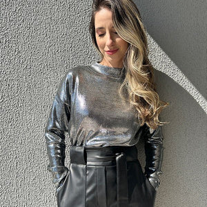 Blusa tricot preta metalizada com foil prata Hortênsia