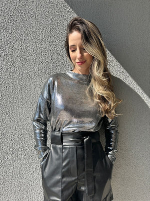 Blusa tricot preta metalizada com foil prata Hortênsia