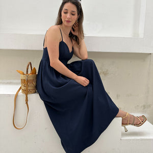 Vestido Evasê Com Alças e Decote em Coração Azul Manga