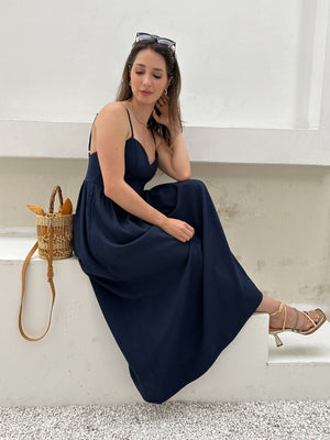 Vestido Evasê Com Alças e Decote em Coração Azul Manga