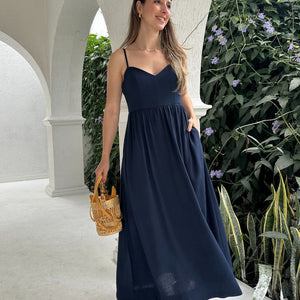 Vestido Evasê Com Alças e Decote em Coração Azul Manga