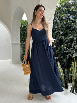 Vestido Evasê Com Alças e Decote em Coração Azul Manga