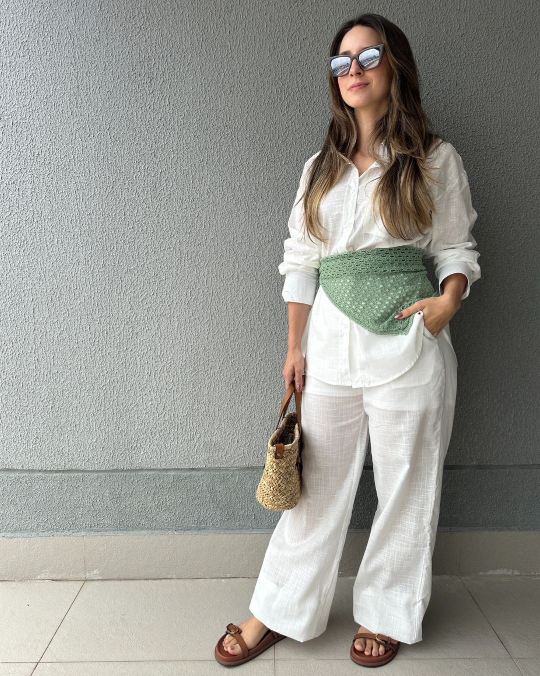 Conjunto de Algodão com Calça Reta e Camisa Tradicional Branco Pequi