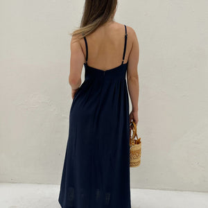 Vestido Evasê Com Alças e Decote em Coração Azul Manga