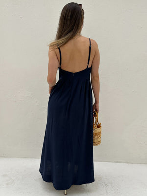 Vestido Evasê Com Alças e Decote em Coração Azul Manga