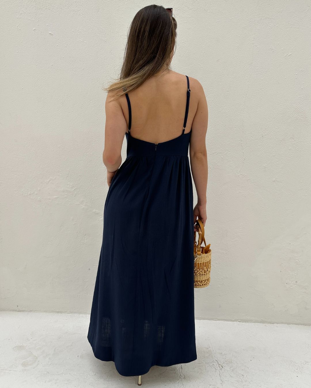 Vestido Evasê Com Alças e Decote em Coração Azul Manga