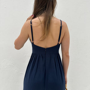 Vestido Evasê Com Alças e Decote em Coração Azul Manga