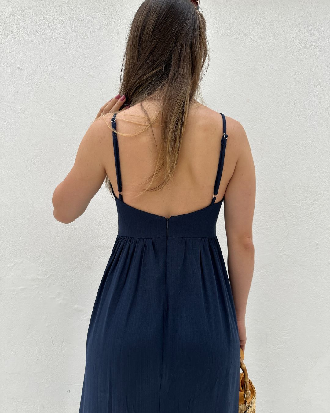 Vestido Evasê Com Alças e Decote em Coração Azul Manga