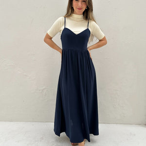 Vestido Evasê Com Alças e Decote em Coração Azul Manga