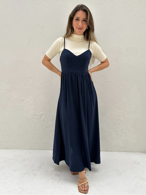 Vestido Evasê Com Alças e Decote em Coração Azul Manga