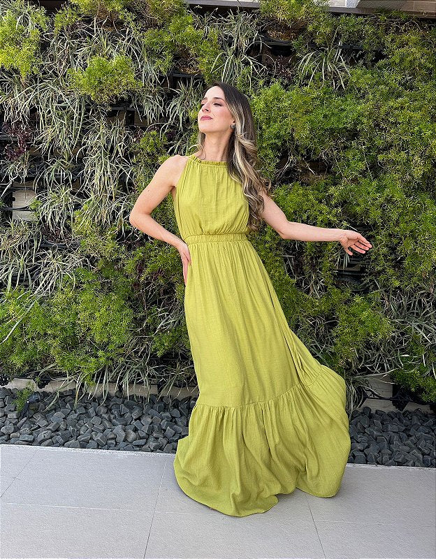 Vestido longo fluido com elastico na cintura verde Melão