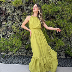 Vestido longo fluido com elastico na cintura verde Melão