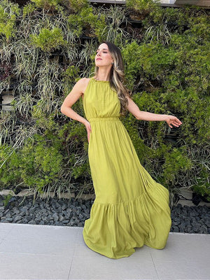 Vestido longo fluido com elastico na cintura verde Melão