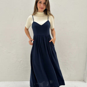 Vestido Evasê Com Alças e Decote em Coração Azul Manga