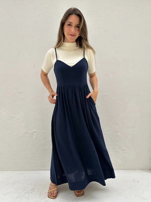 Vestido Evasê Com Alças e Decote em Coração Azul Manga