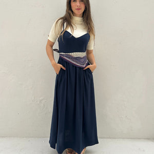 Vestido Evasê Com Alças e Decote em Coração Azul Manga