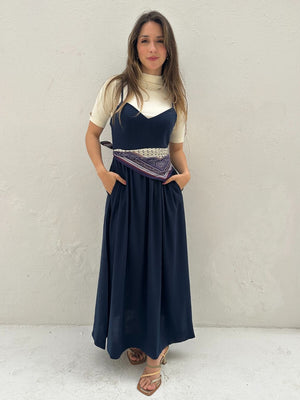 Vestido Evasê Com Alças e Decote em Coração Azul Manga