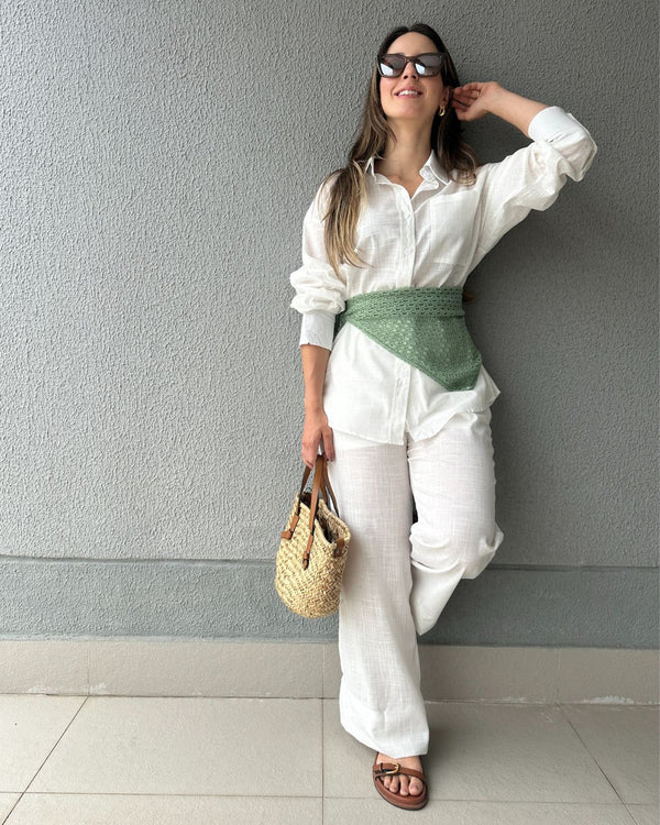 Conjunto de Algodão com Calça Reta e Camisa Tradicional Branco Pequi