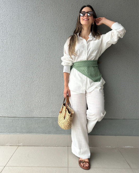Conjunto de Algodão com Calça Reta e Camisa Tradicional Branco Pequi
