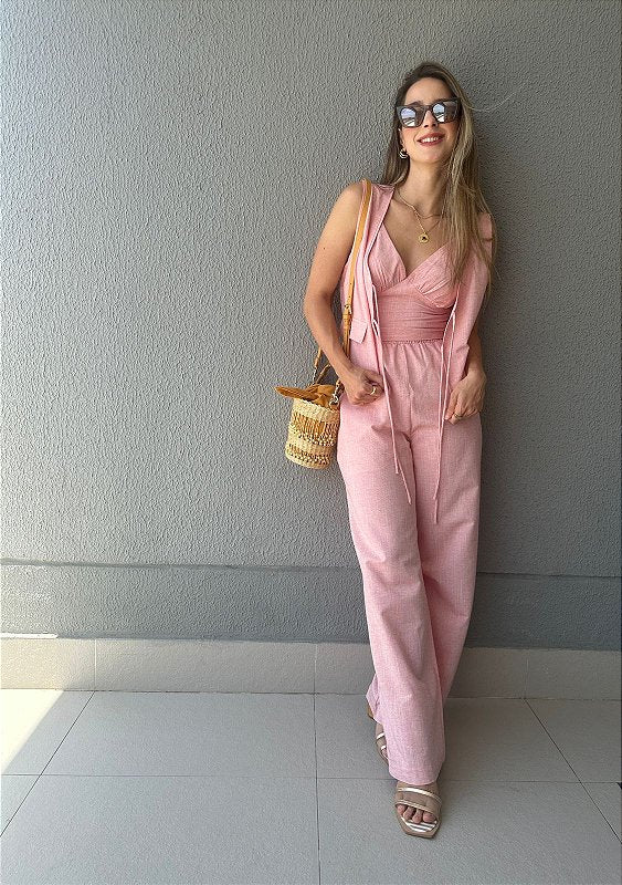 Calça reta com elástico na cintura rosa Morango