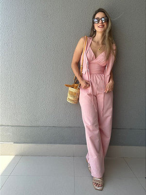 Calça reta com elástico na cintura rosa Morango