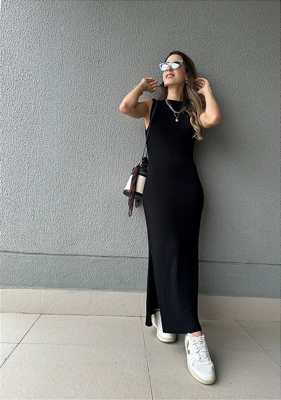 Vestido de tricot canelado com fenda preto Mangostim