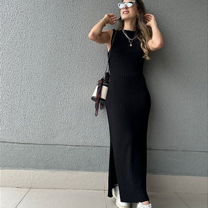 Vestido de tricot canelado com fenda preto Mangostim