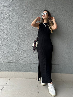 Vestido de tricot canelado com fenda preto Mangostim