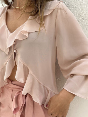 Bata Boho com Babados e Botão Rosa Tulipa