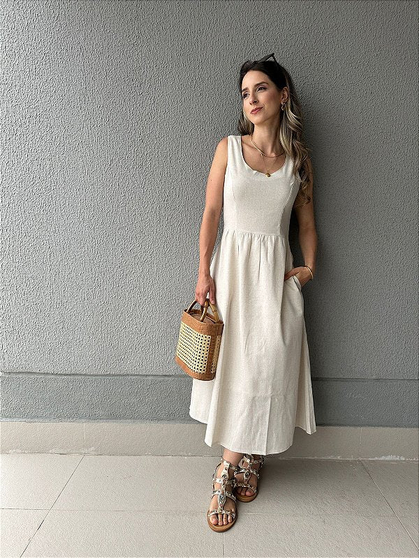 Vestido curto viscolinho saia ampla com bolsos cru Graviola