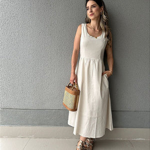 Vestido curto viscolinho saia ampla com bolsos cru Graviola