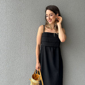 Vestido longo viscolinho de alça decote com camadas preto Jabuticaba