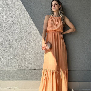 Vestido longo fluido com elastico na cintura coral Melão