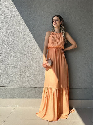 Vestido longo fluido com elastico na cintura coral Melão