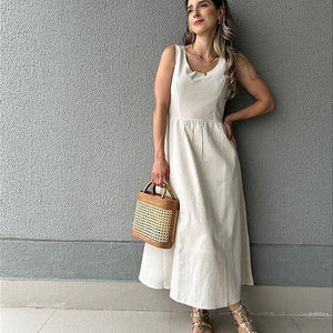 Vestido curto viscolinho saia ampla com bolsos cru Graviola