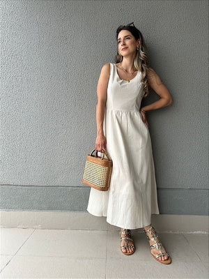 Vestido curto viscolinho saia ampla com bolsos cru Graviola