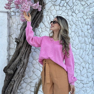 Blusa tricot oversized 100% algodão decote V estonada Rosa