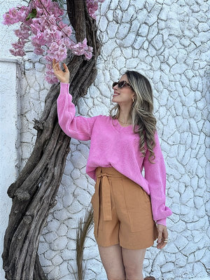 Blusa tricot oversized 100% algodão decote V estonada Rosa