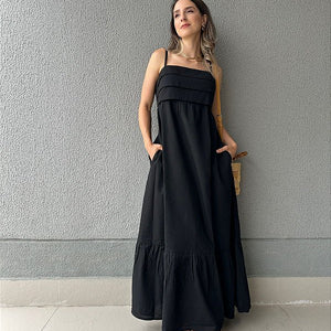 Vestido longo viscolinho de alça decote com camadas preto Jabuticaba