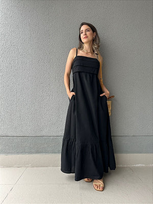 Vestido longo viscolinho de alça decote com camadas preto Jabuticaba