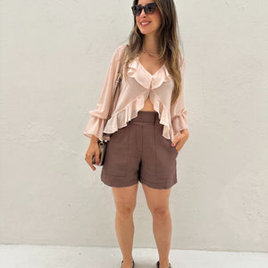 Bata Boho com Babados e Botão Rosa Tulipa