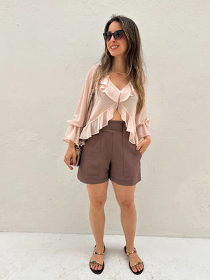 Bata Boho com Babados e Botão Rosa Tulipa