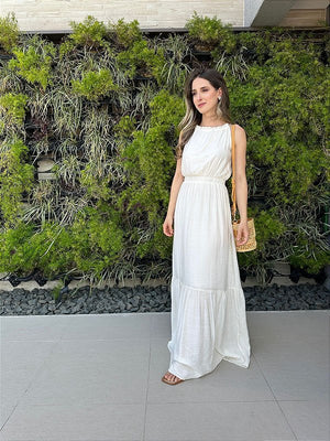 Vestido longo fluido com elastico na cintura off-white Melão