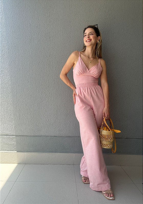 Calça reta com elástico na cintura rosa Morango