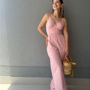 Calça reta com elástico na cintura rosa Morango