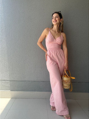 Calça reta com elástico na cintura rosa Morango