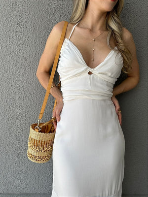 Vestido frente única midi com elástico nas costas off white Avelã