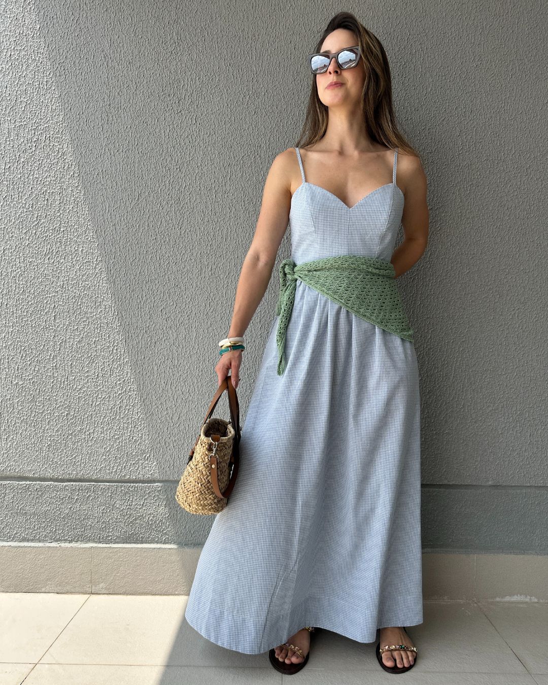 Vestido Amplo Alças Reguláveis Vichy Azul Mirtilo