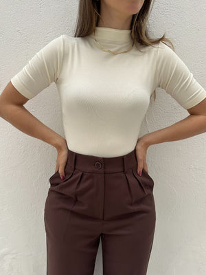 Body de Malha com Gola Fechada e Manga Curta Amarela Amarílis